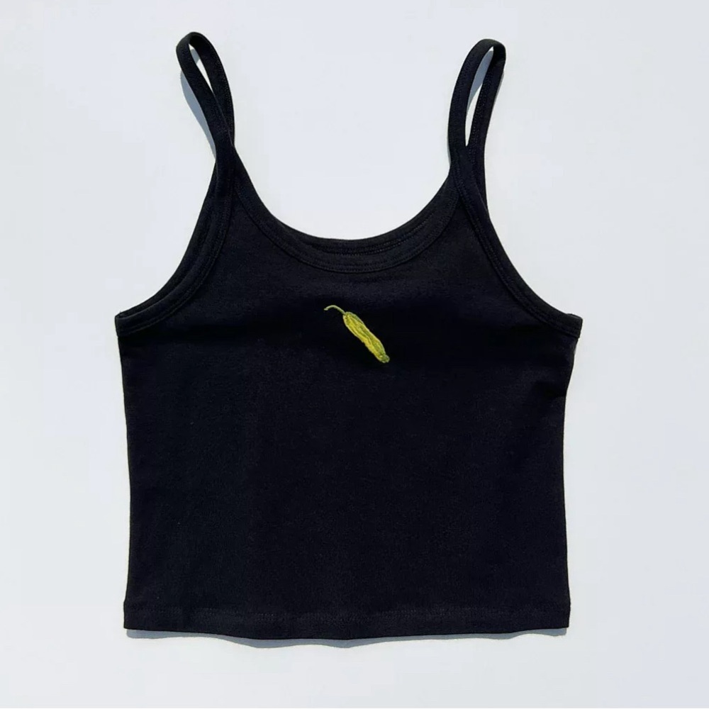Lisa Says Gah Black Tank Top with Green Embroidery